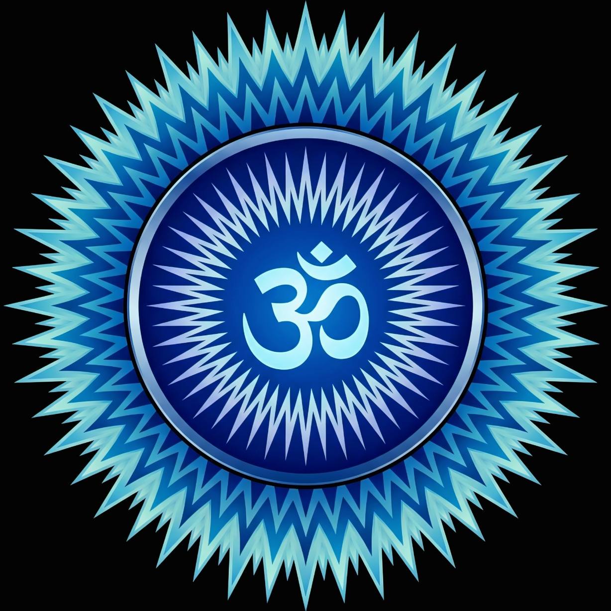 The Vedas লোগো — নীল ও সায়ান রঙের ওম (ॐ) প্রতীক